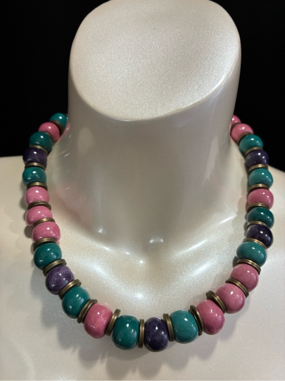 VTG Chunky Ceramic Pink, Teal & Purple Beaded Necklace with Antique Gold Spacers